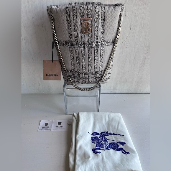 BURBERRY Lola Needle Punch Check Canvas Small Bucket Bag- Black and White - Picture 13 of 13